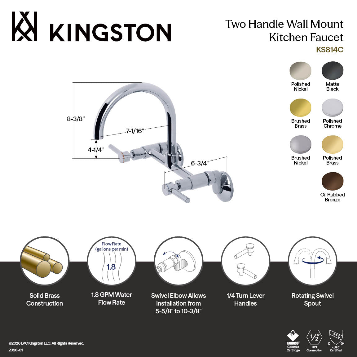 Kingston Sona KS814PN - Concord Two-Handle 2-Hole Wall Mount Bridge Kitchen Faucet, Polished Nickel — thumbnail 2